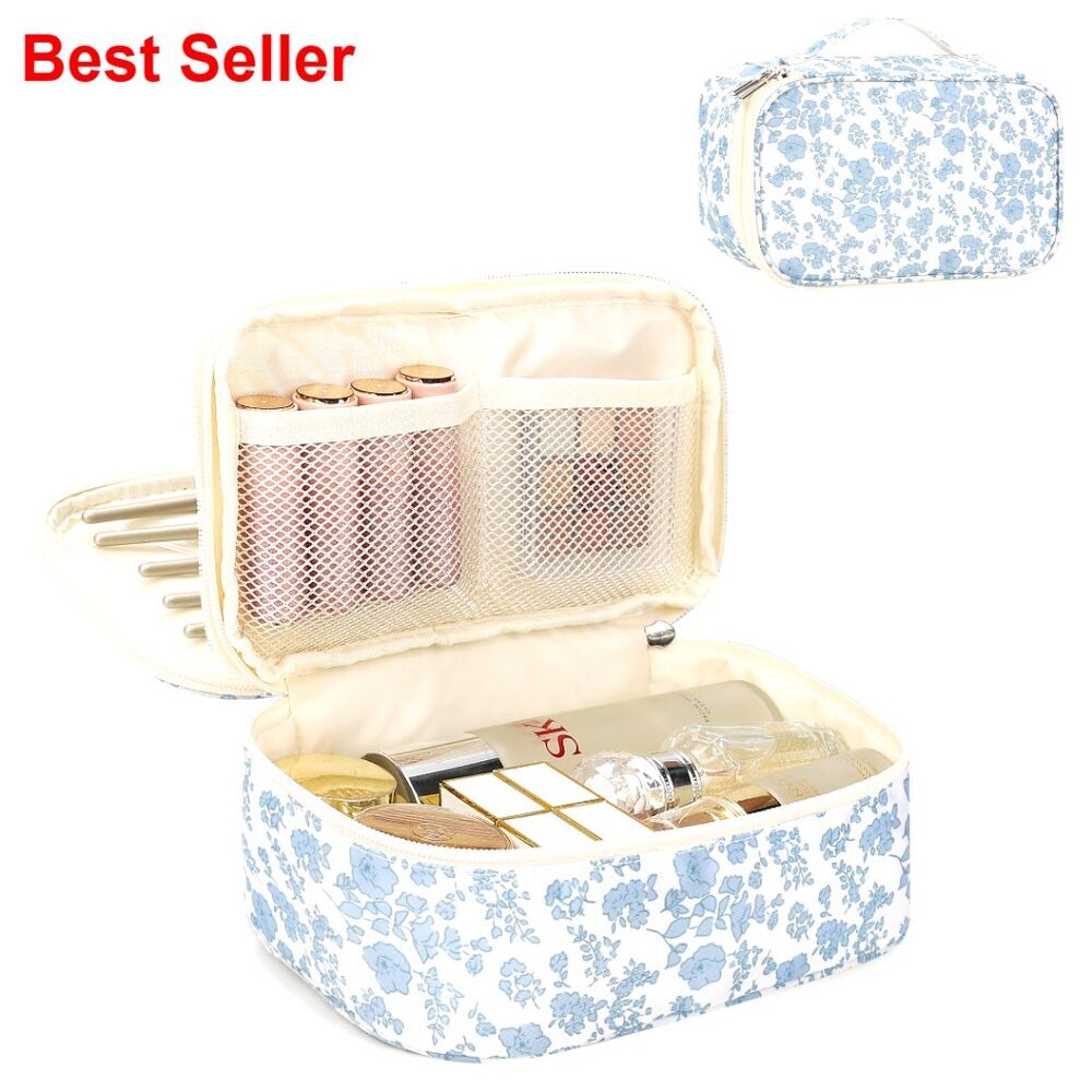 Small Travel Makeup Bag with Brush Compartment, Double Layer Organizer,